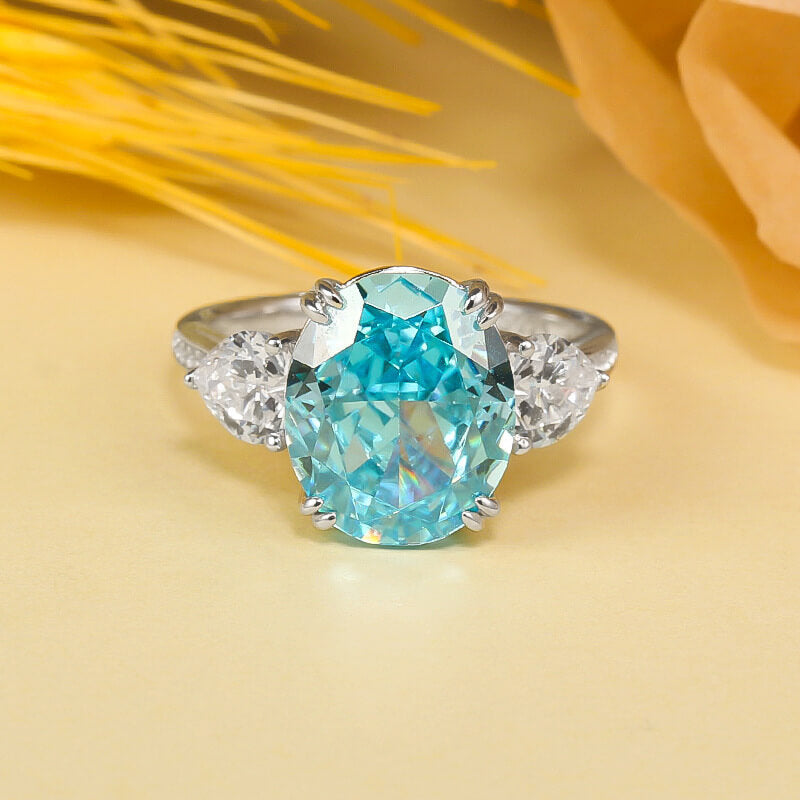 Oval Cut Aquamarine Blue Stone Ring with White Gold Plating - 925 Sterling Silver