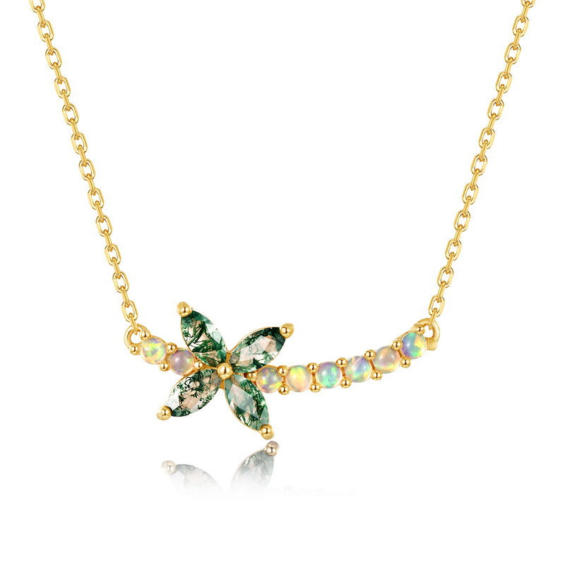 Luck Marquise Cut Moss Agate Mystical Nature Inspired Four-leaf Clover Shape Necklace