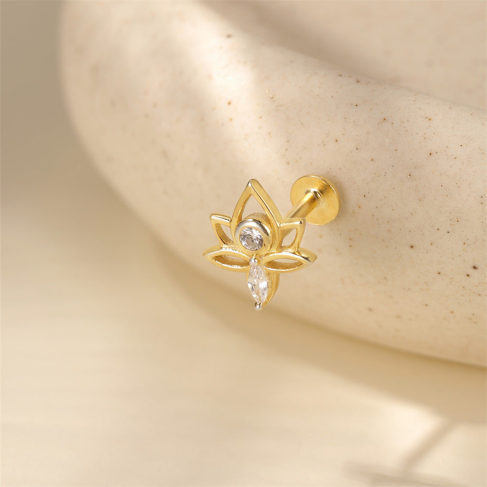 S925 Sterling Silver Gold Plated Lotus Flower CZ Flat Back Cartilage Earring