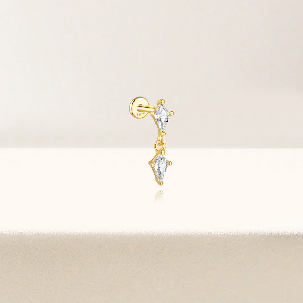S925 Sterling Silver Gold Plated Double Kite-Cut CZ Chain Dangle Flat Back Cartilage Earring