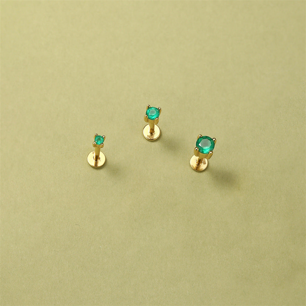 S925 Sterling Silver Gold Plated Round Green Zircon Four-Prong Flat Back Cartilage Earring