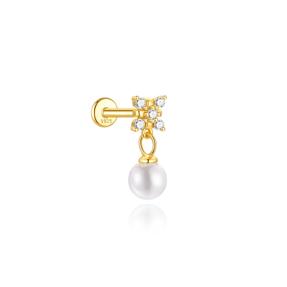 S925 Sterling Silver Gold Plated Flower CZ with Pearl Drop Flat Back Cartilage Earring