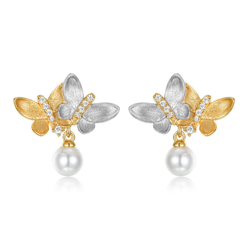 Two Tone Gold Hand-Brushed Butterfly Stud Earrings â€?Sparkling Rhinestones & Pearls