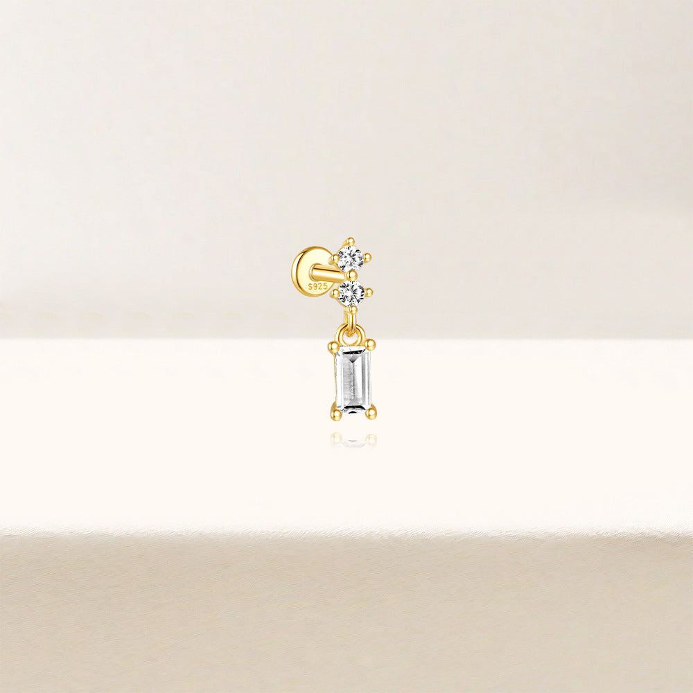 S925 Sterling Silver Gold Plated Round & Baguette CZ Drop Flat Back Cartilage Earring