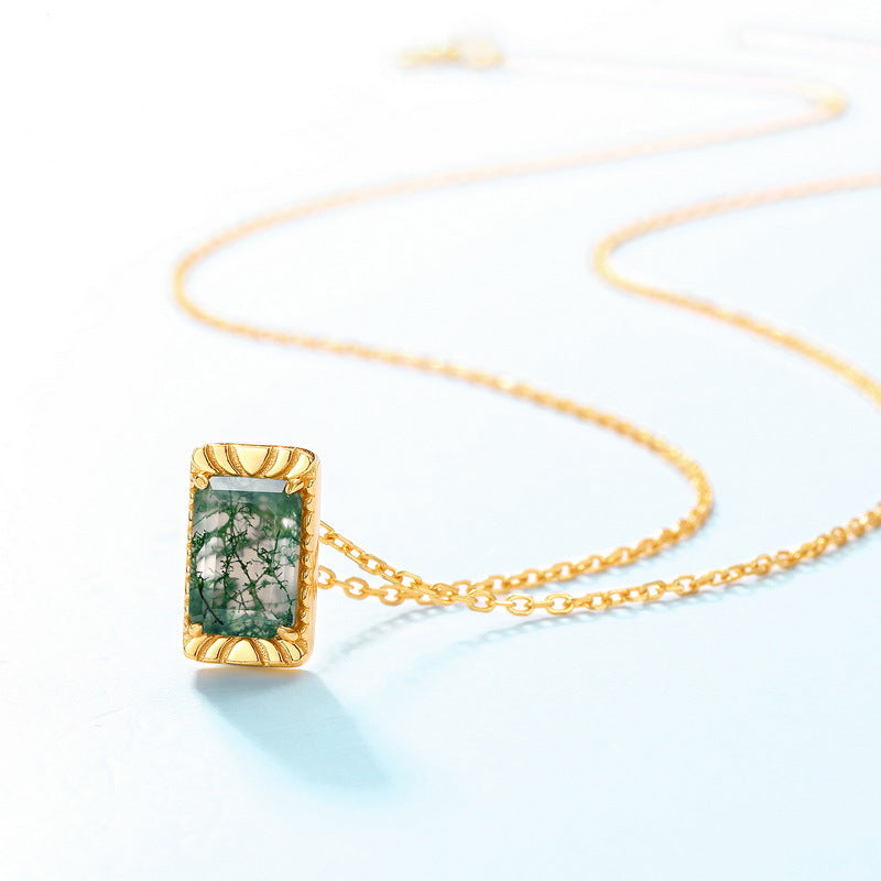 Emerald Cut Moss Agate Vintage Necklace - Lenora
