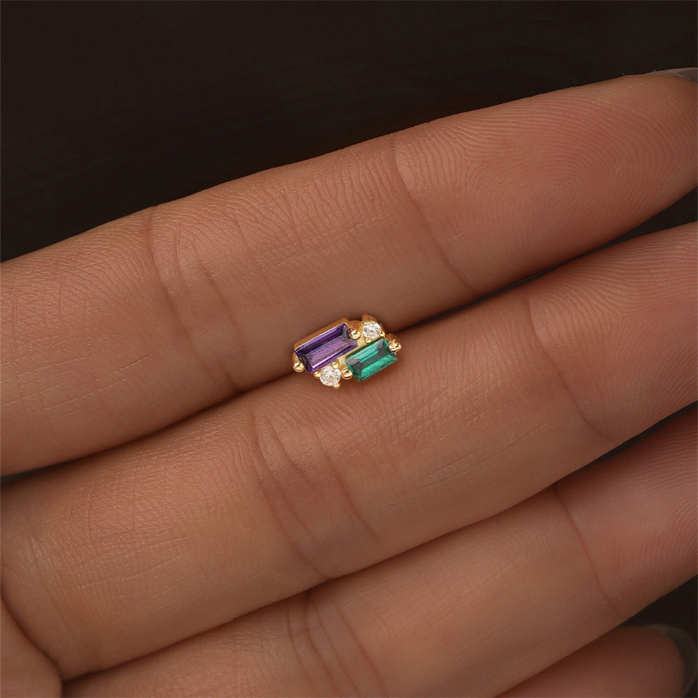 S925 Sterling Silver Gold Plated Multicolor Baguette & Round CZ Flat Back Cartilage Earring