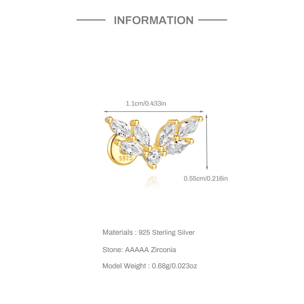 S925 Sterling Silver Gold Plated Butterfly Marquise CZ Flat Back Cartilage Earring