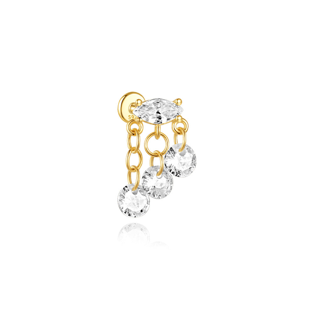 S925 Sterling Silver Gold Plated Marquise & Round CZ Chain Fringe Flat Back Cartilage Earring