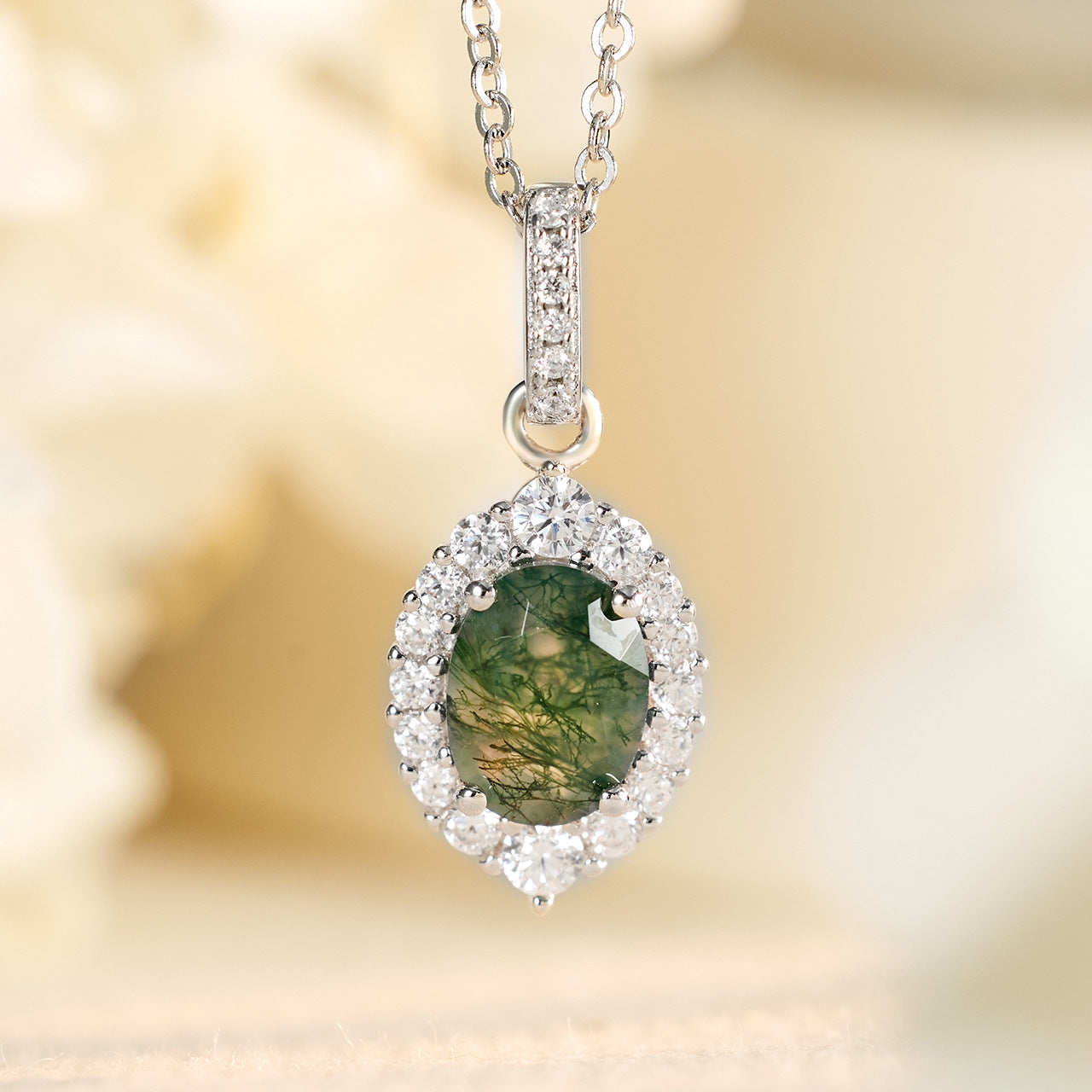 Pear Cut Moss Agate Halo Pendant- 'Verna'