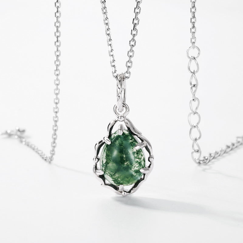 Pear Cut Moss Agate Vintage Pendant - 'Flora'