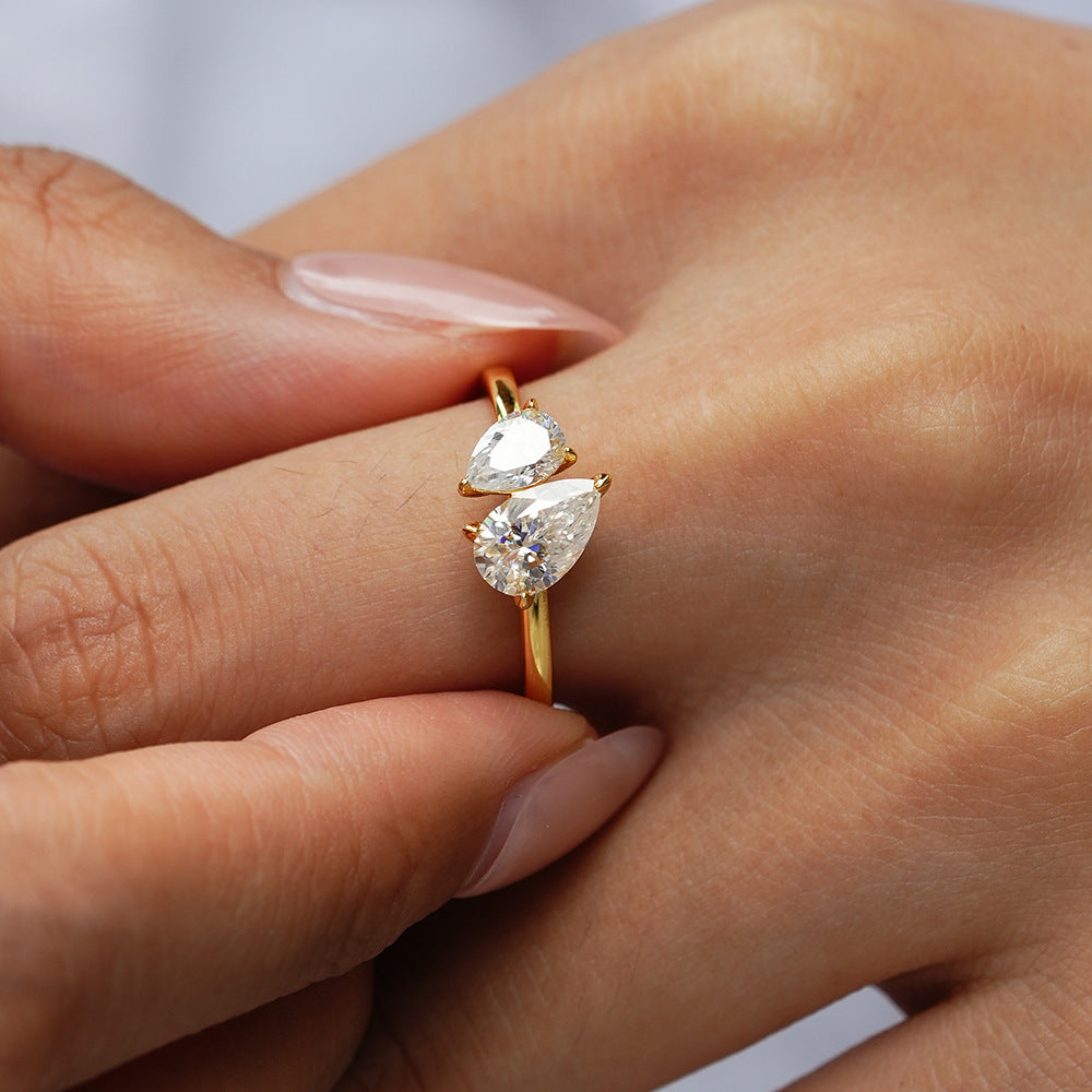 Simple Double Stone 925 Sterling Silver Moissanite Engagement Ring