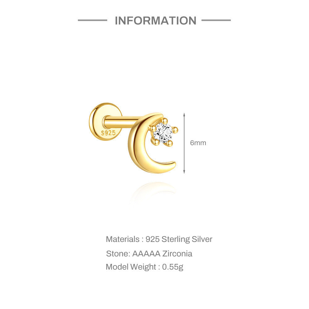 S925 Sterling Silver Gold Plated Moon with Round CZ Flat Back Cartilage Earring