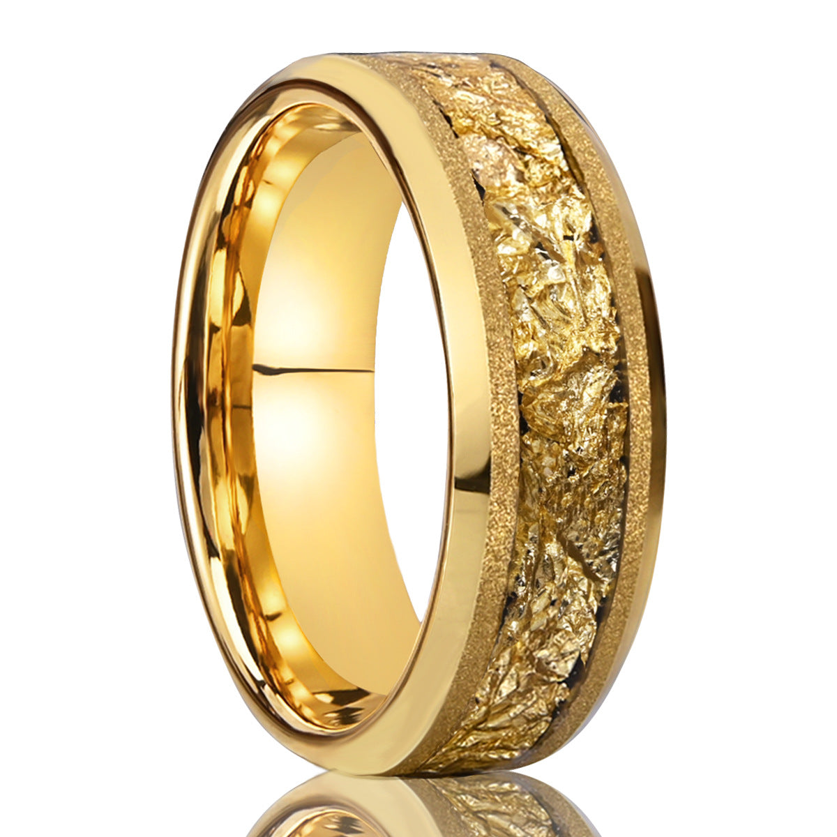 8mm tungsten steel sandblasted yellow gold inlaid with gold foil men's ring