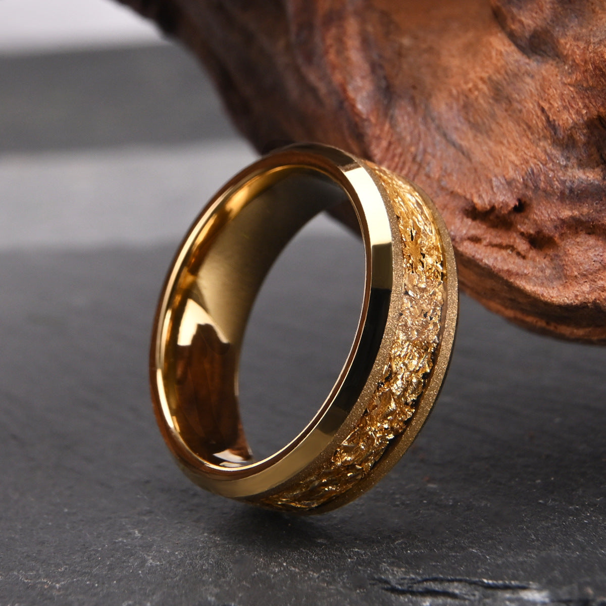 8mm tungsten steel sandblasted yellow gold inlaid with gold foil men's ring