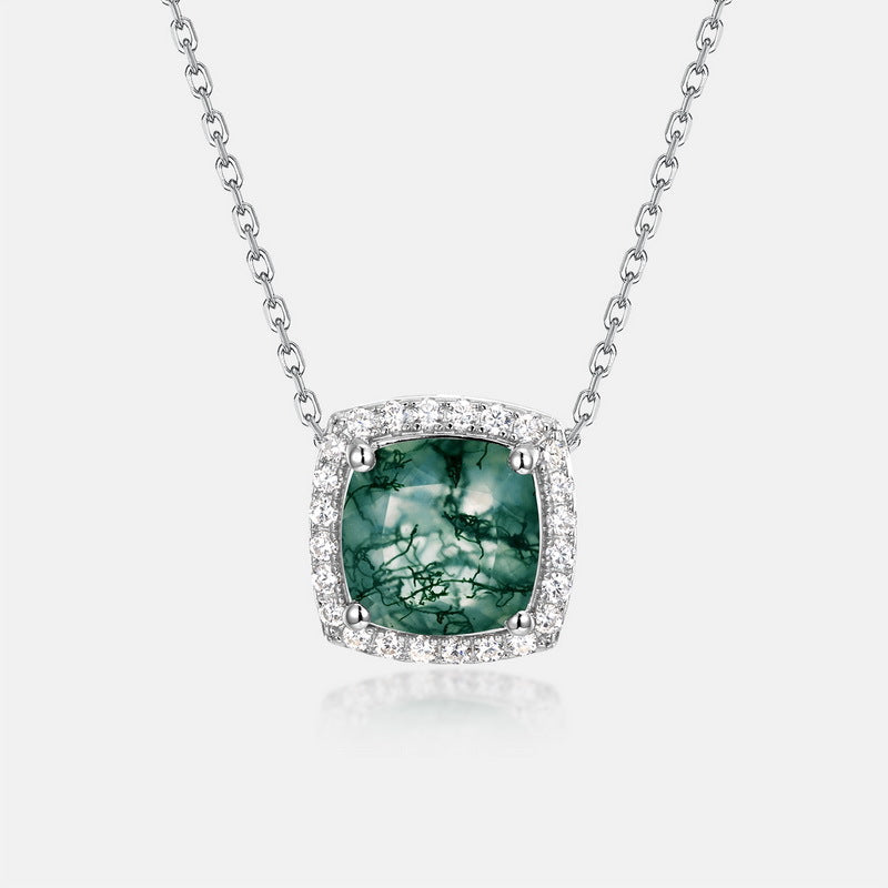 Cushion Cut Moss Agate Halo Pendant Necklace For Girlfriend - "Verdant Cushion"