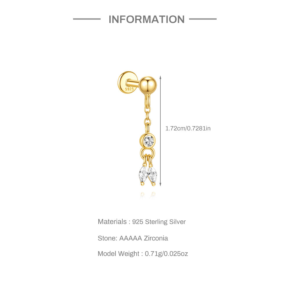 S925 Sterling Silver Gold Plated Round & Marquise CZ Chain Dangle Flat Back Cartilage Earring
