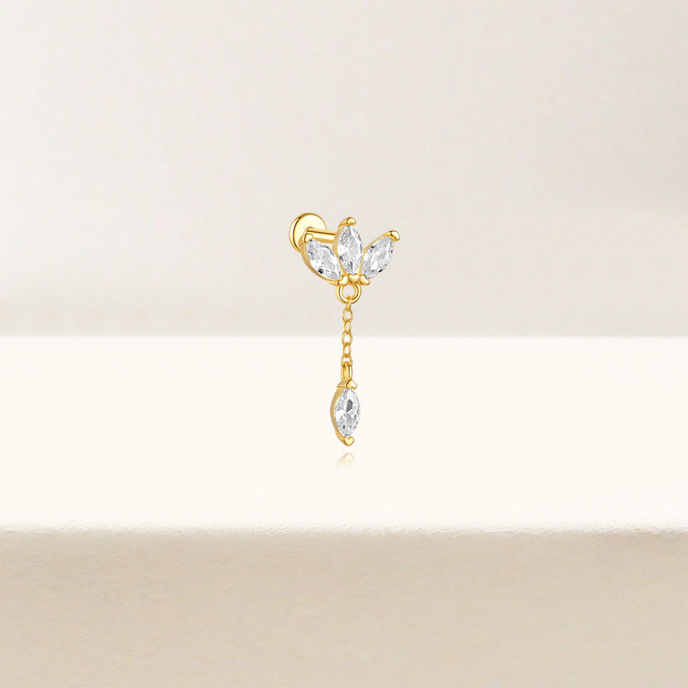 S925 Sterling Silver Gold Plated Marquise CZ Flower Chain Dangle Flat Back Cartilage Earring