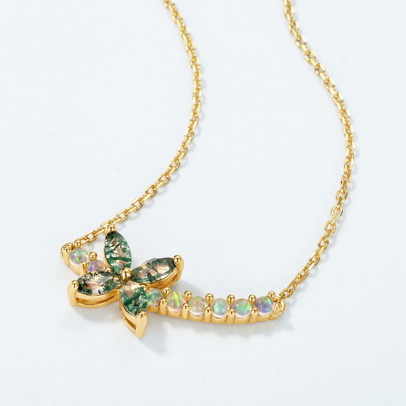 Luck Marquise Cut Moss Agate Mystical Nature Inspired Four-leaf Clover Shape Necklace