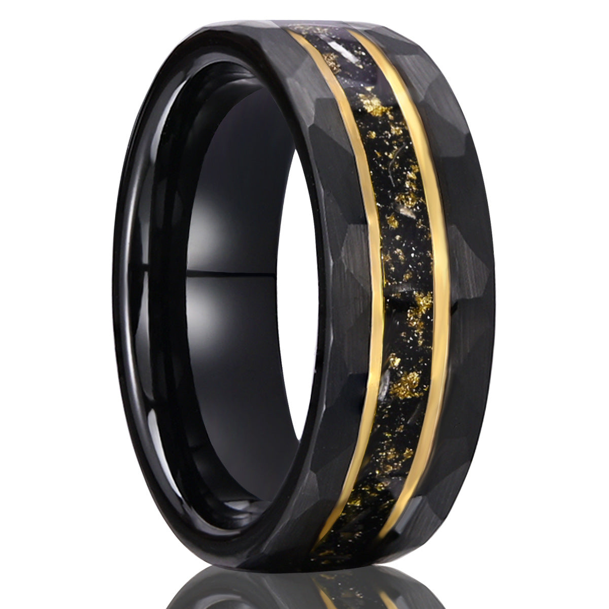 8mm men's wedding band Electric black tungsten steel with crushed foil meteorite opal