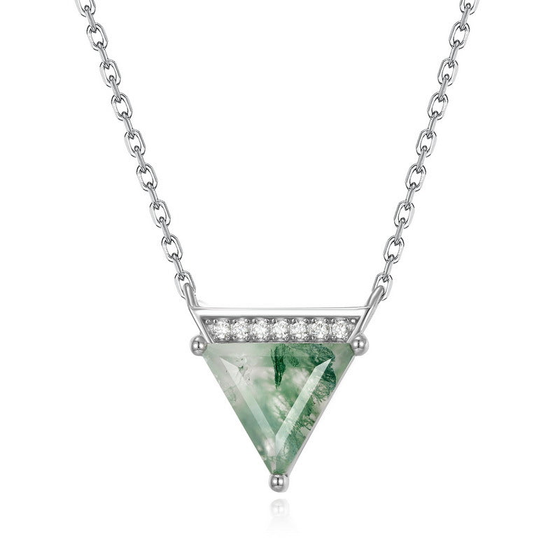 Triangle Cut Moss Agate Sparkle Accent Necklace For Girlfriend - "Mystic Pyramid"