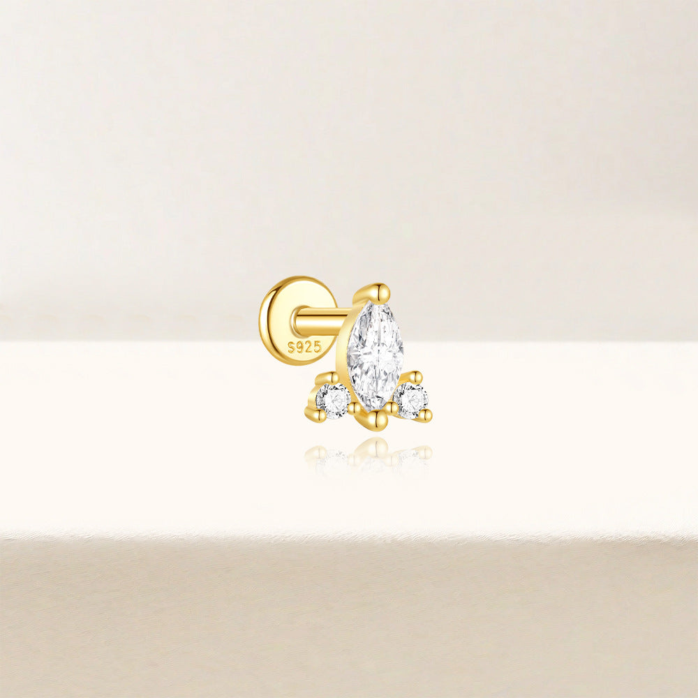 S925 Sterling Silver Gold Plated Marquise & Round CZ Crown Flat Back Cartilage Earring
