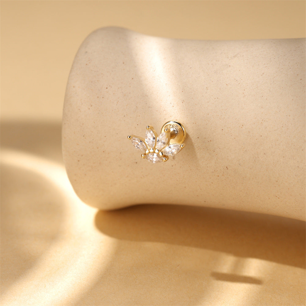 S925 Sterling Silver Gold Plated Marquise CZ Lotus Crown Flat Back Cartilage Earring