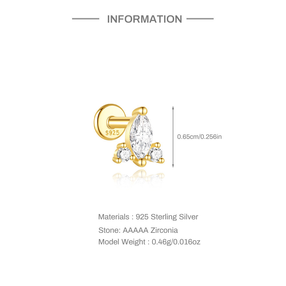 S925 Sterling Silver Gold Plated Marquise & Round CZ Crown Flat Back Cartilage Earring