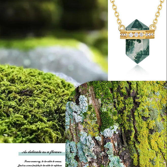 Rhombus-shaped Column Moss Agate Formal Celebration Crystal Point with Chain Necklace