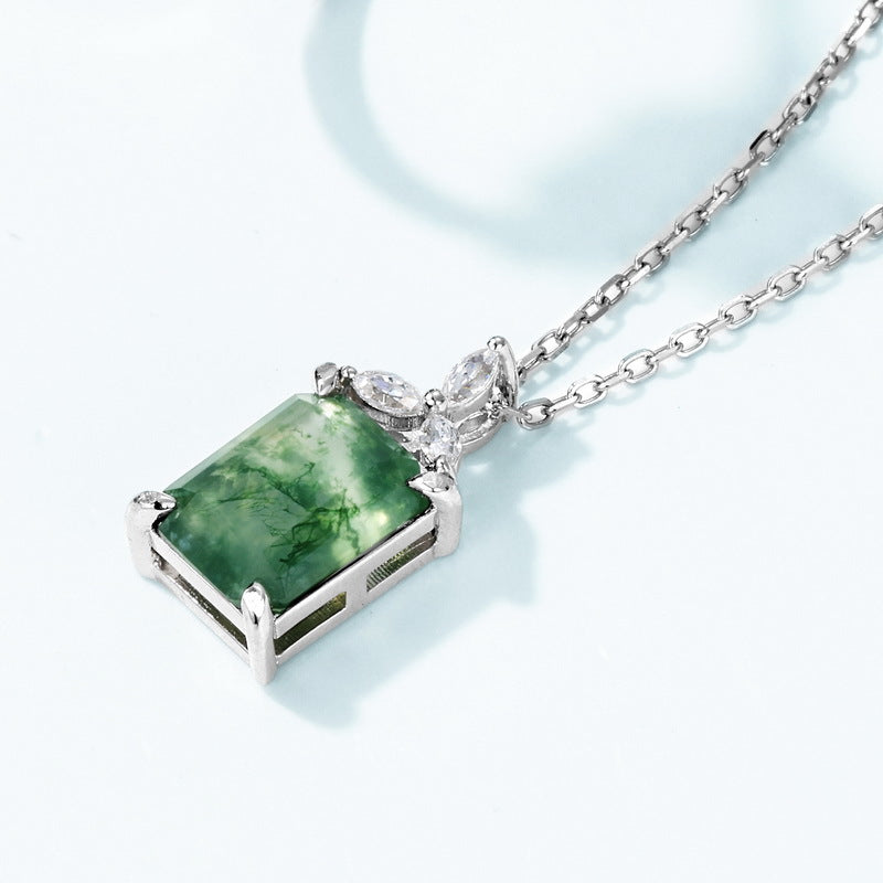 Emerald Cut Moss Agate  Accent Pendant Necklace For Girlfriend - "Verdant Throne"