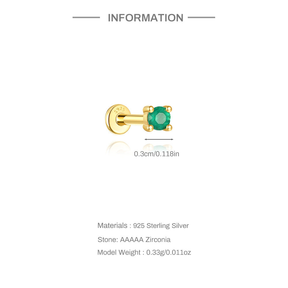 S925 Sterling Silver Gold Plated Round Green Zircon Four-Prong Flat Back Cartilage Earring