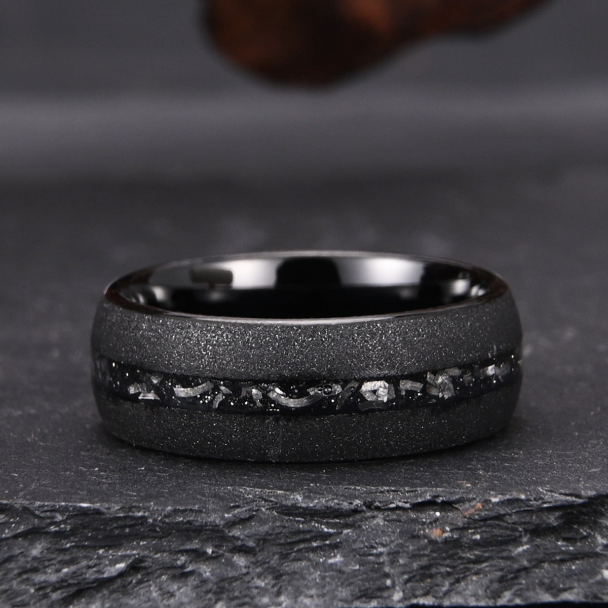 Tungsten steel curved sandblasted black meteorite ring men's wedding band