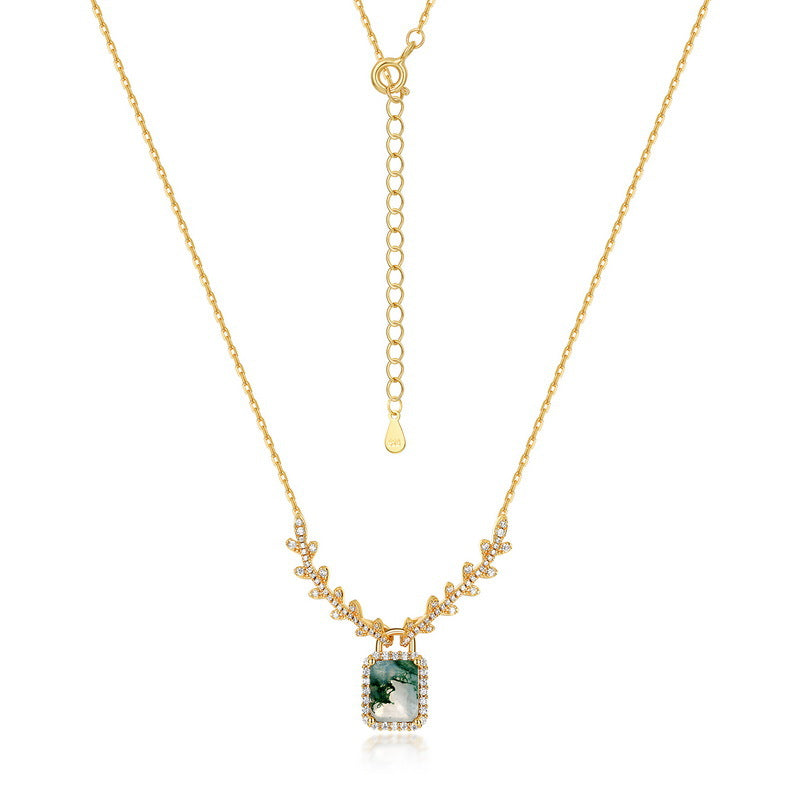 Emerald Cut Moss Agate Halo Pendant & Vine Necklace For Girlfriend - "Forest Locket"