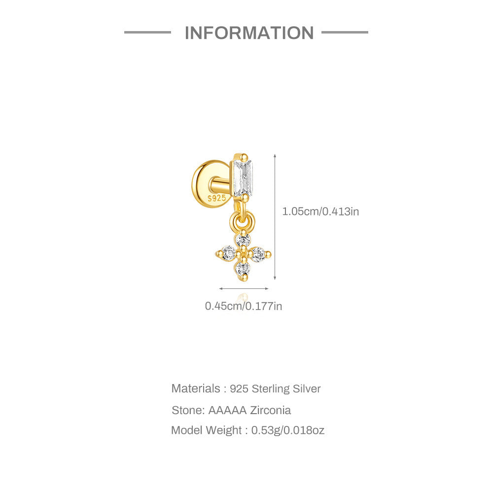 S925 Sterling Silver Gold Plated Baguette CZ Cross Charm Flat Back Cartilage Earring