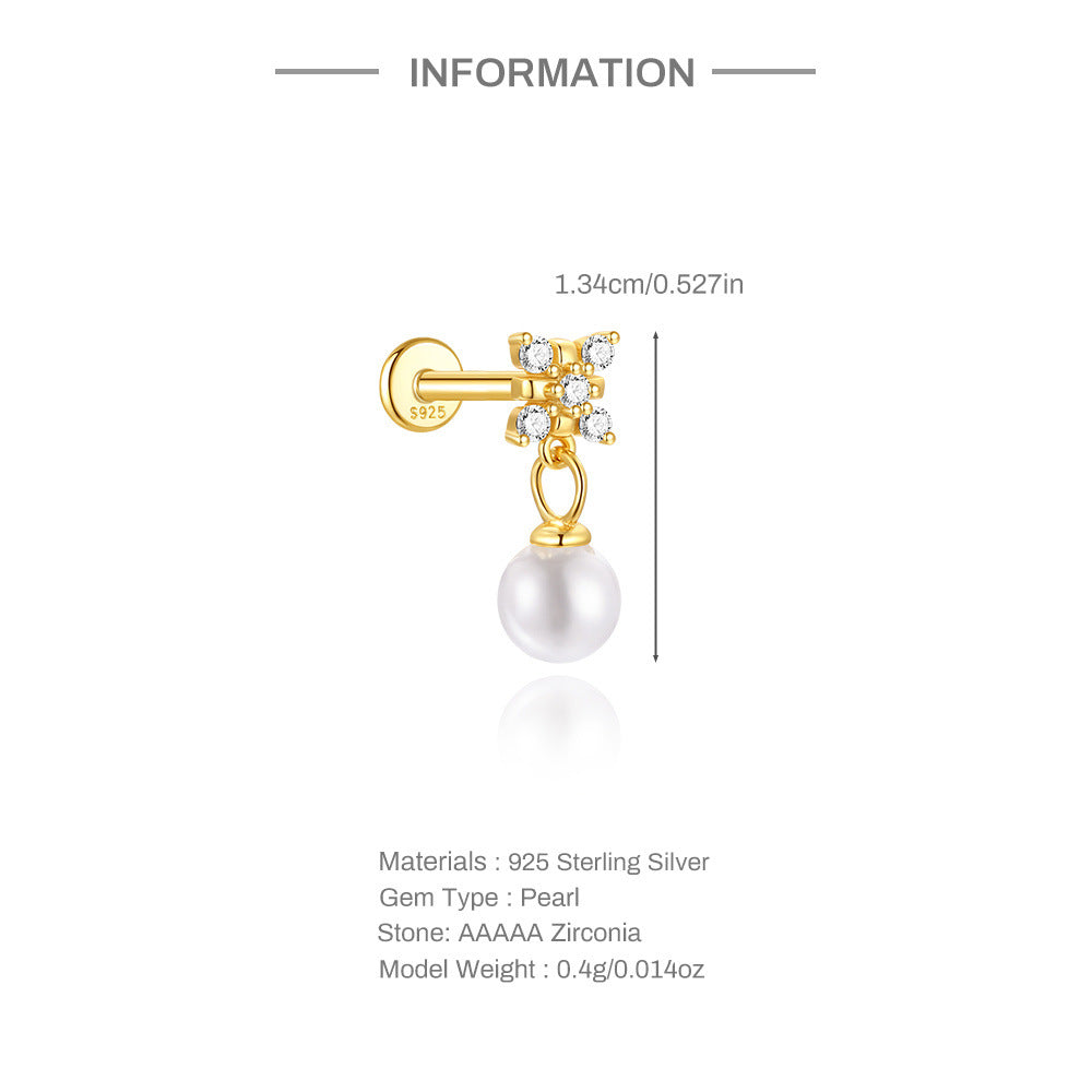 S925 Sterling Silver Gold Plated Flower CZ with Pearl Drop Flat Back Cartilage Earring