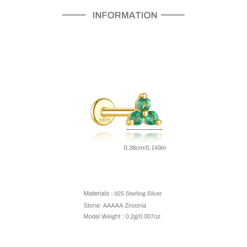 S925 Sterling Silver Gold Plated Trio Green Zircon Flat Back Cartilage Earring