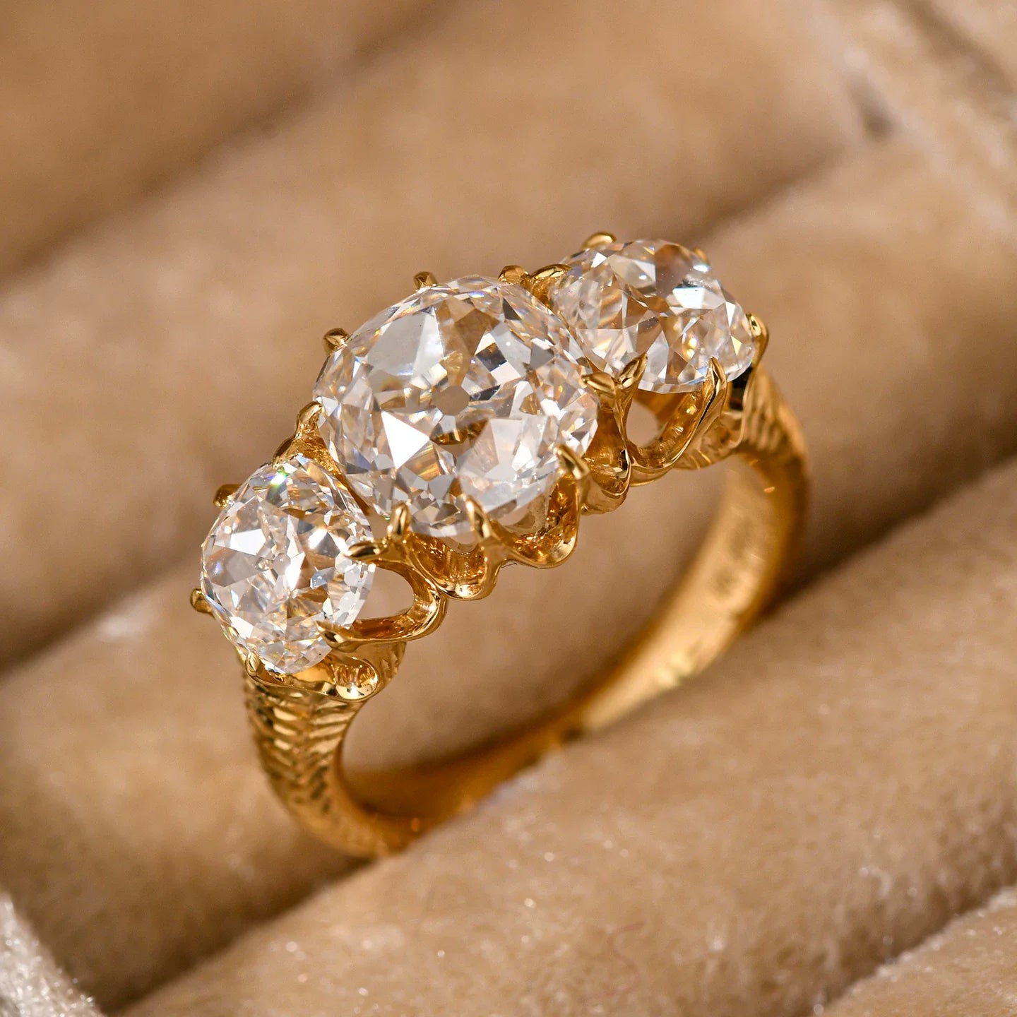 Vintage Three-Stone Cushion Cut Sterling Silver Textured Band Engagement Ring