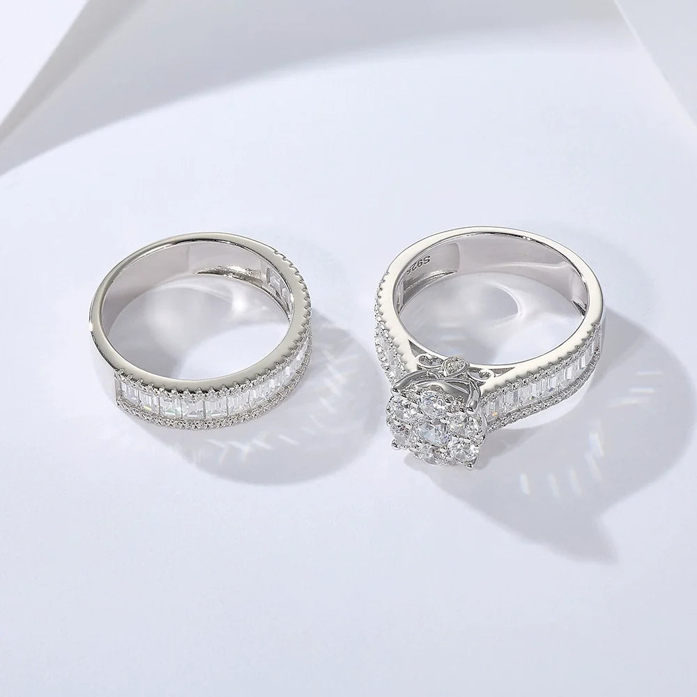 Sculpted Round Cut 2.0ct Pave Ring Sets In Sterling Silver