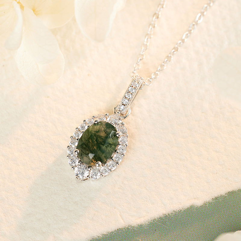 Pear Cut Moss Agate Halo Pendant- 'Verna'