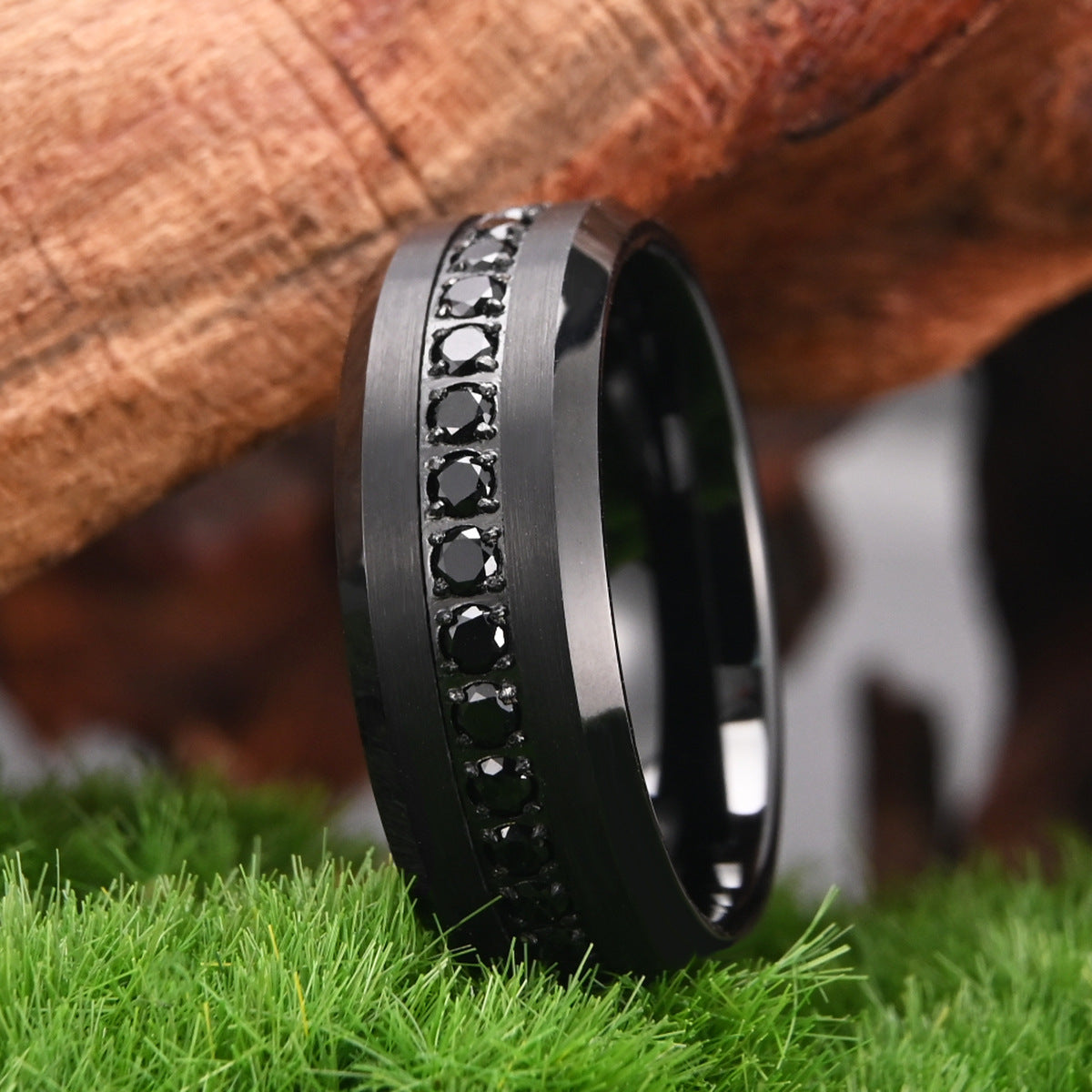 8mm tungsten men's wedding band steel hammered black ring electric black combination inlaid with black zircon