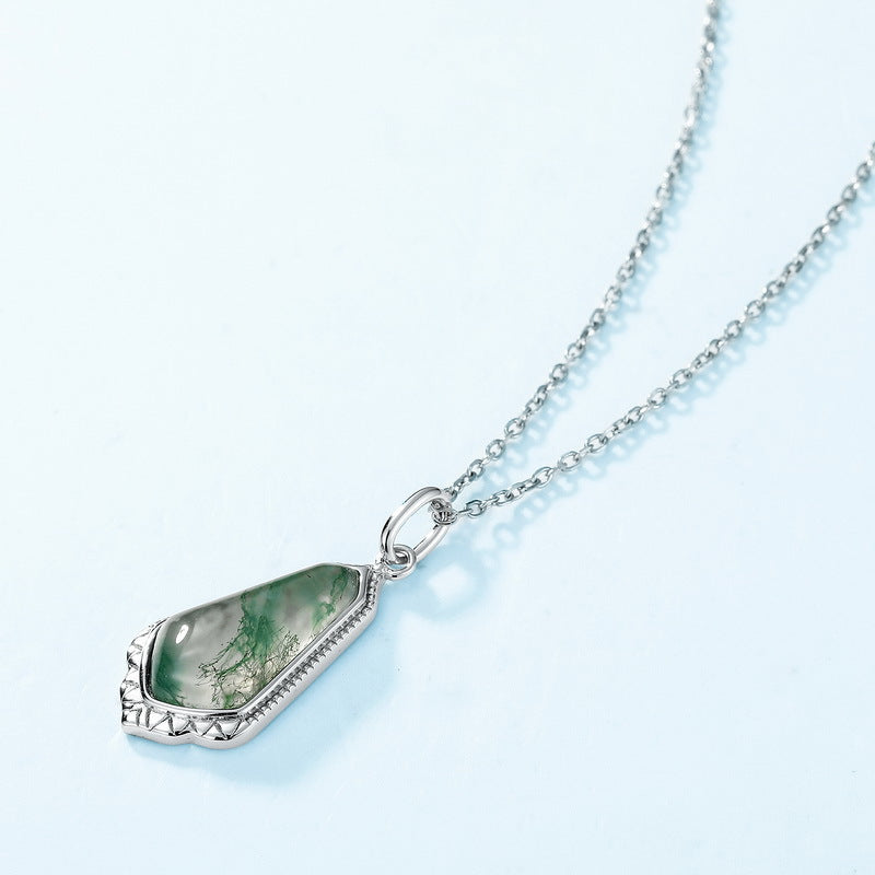 Coffin Cut Moss Agate Vintage Scalloped Necklace For Girlfriend - "Verdant Casket"