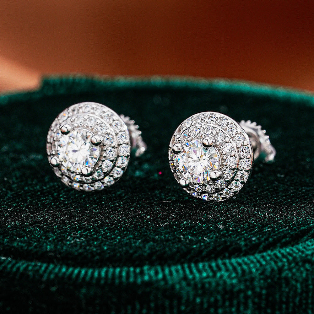 Round Double-Layer Luxurious S925 Sterling Silver Moissanite Stud Earrings