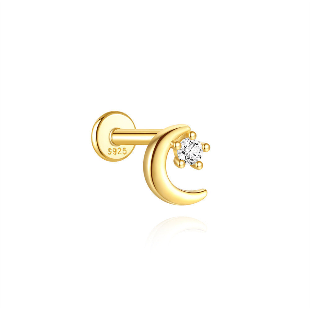 S925 Sterling Silver Gold Plated Moon with Round CZ Flat Back Cartilage Earring
