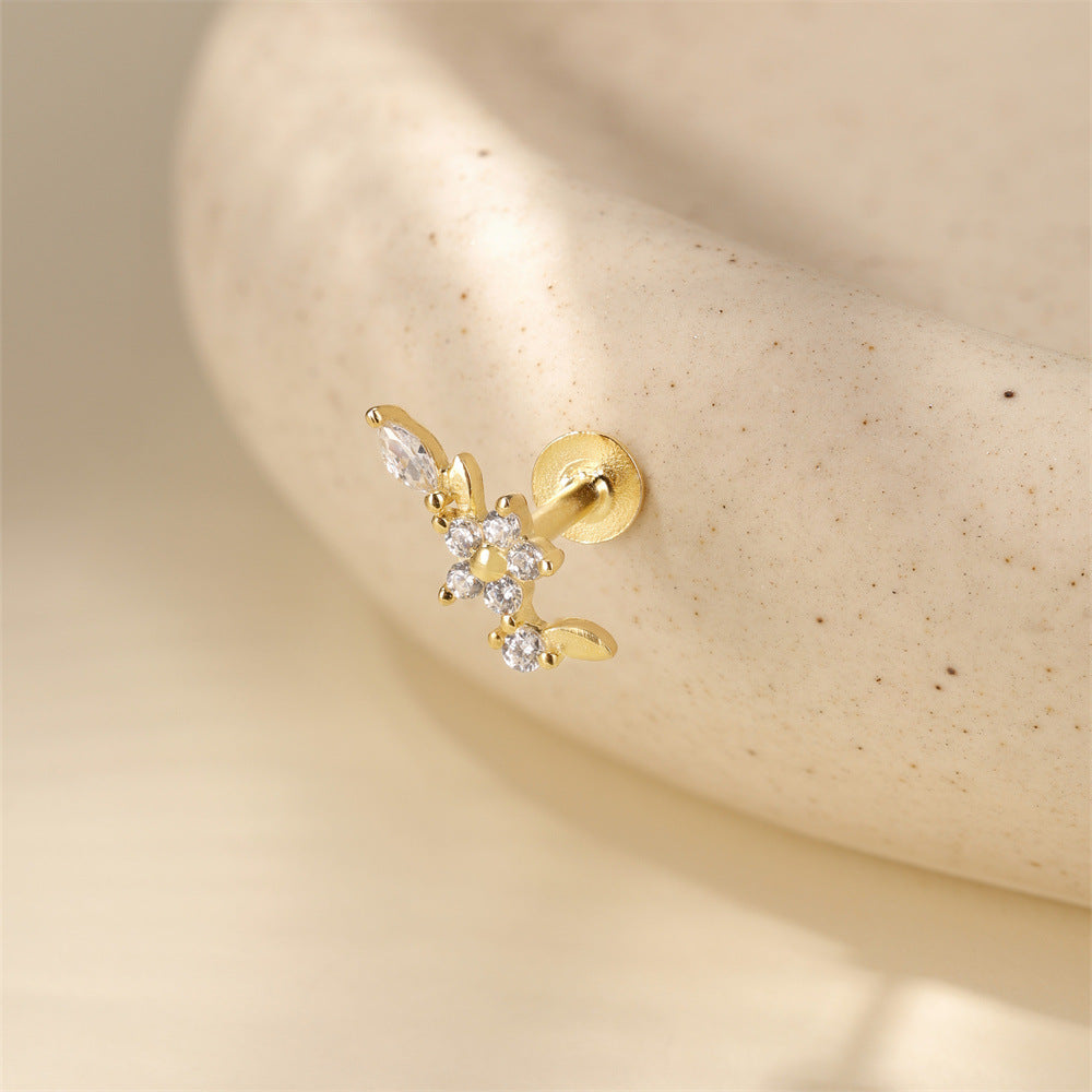 S925 Sterling Silver Gold Plated Flower & Leaf CZ Flat Back Cartilage Earring