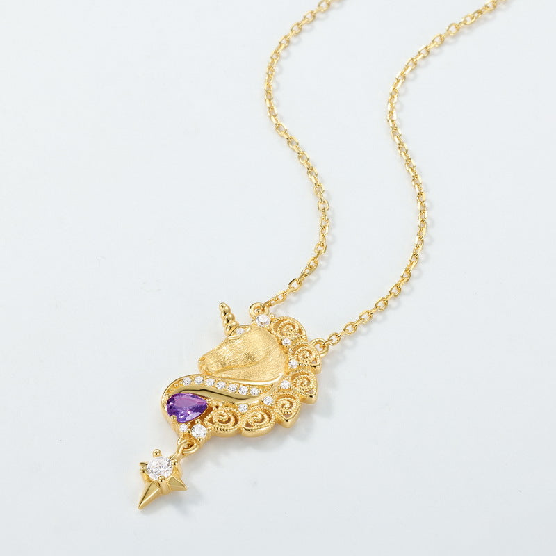 Handcrafted Brushed Gold Unicorn Necklace -Plated Amethyst Pendant