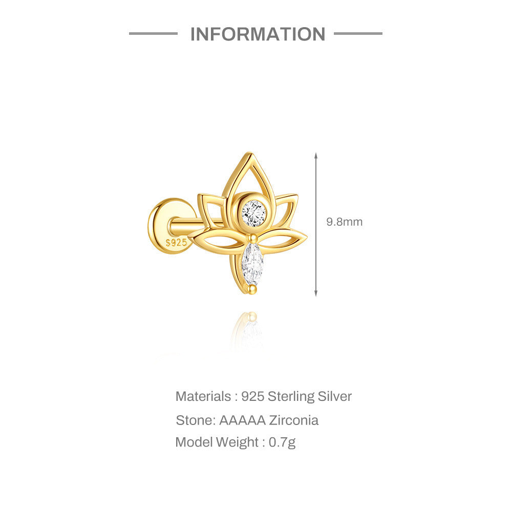 S925 Sterling Silver Gold Plated Lotus Flower CZ Flat Back Cartilage Earring