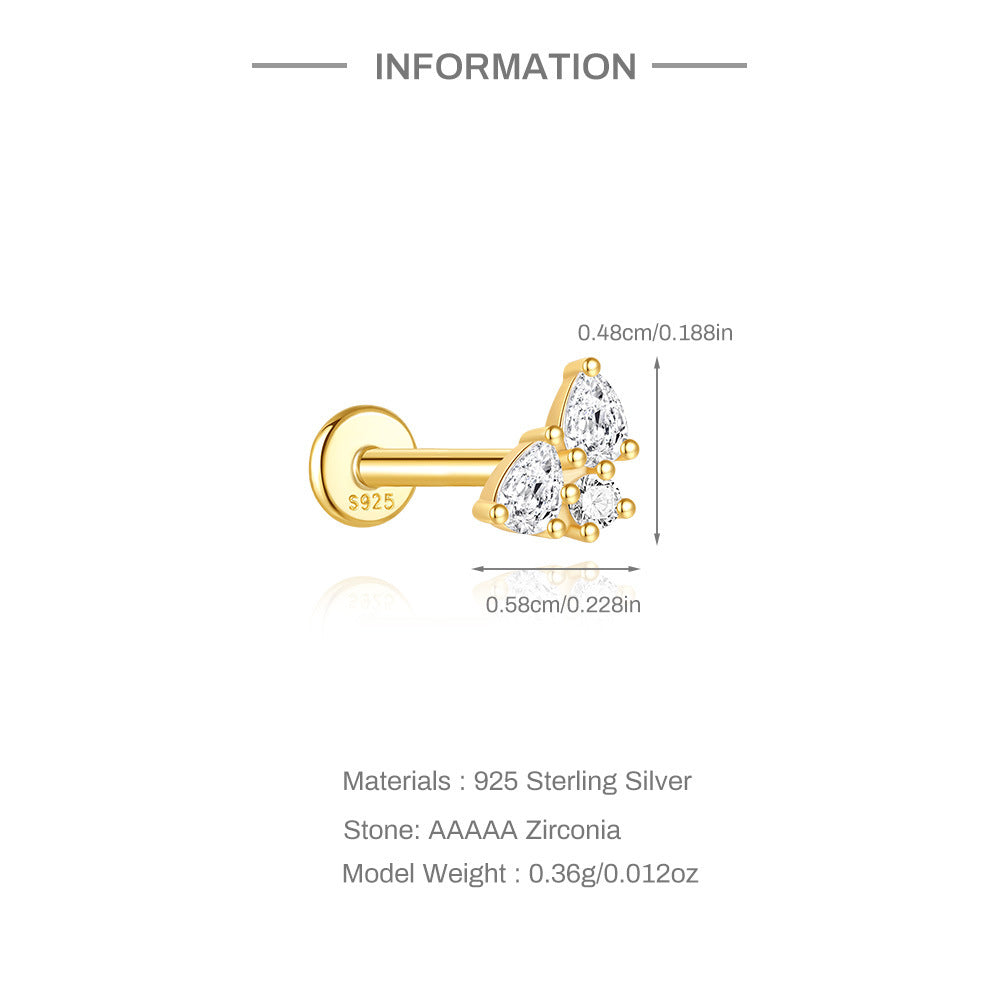 S925 Sterling Silver Gold Plated Three Pear CZ Cluster Flat Back Cartilage Earring