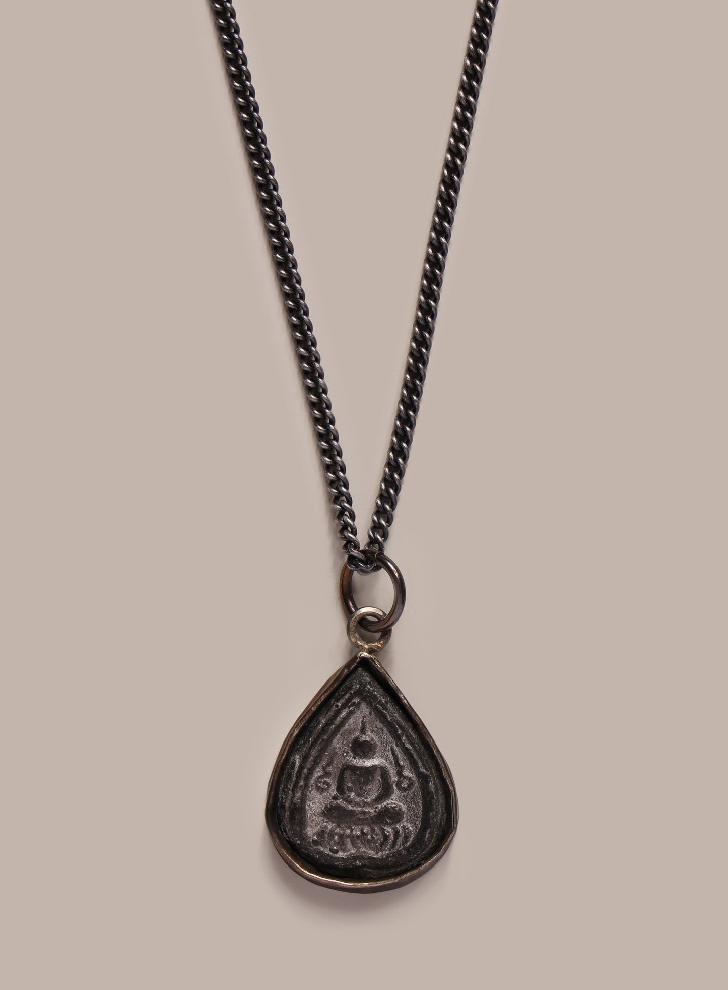 Oxidized Drop Sitting Buddha Pendant on 2mm Curb Chain