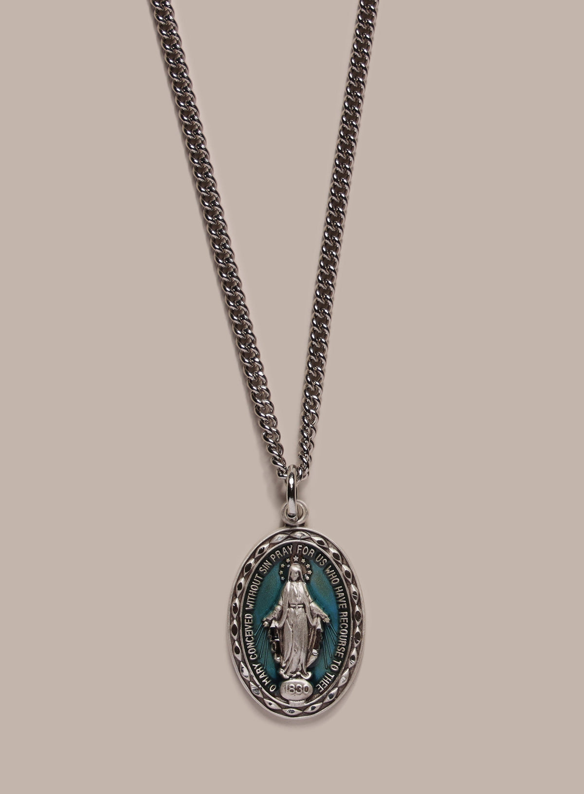 Sterling Silver Enamel Miraculous Medal Oval Pendant for Men