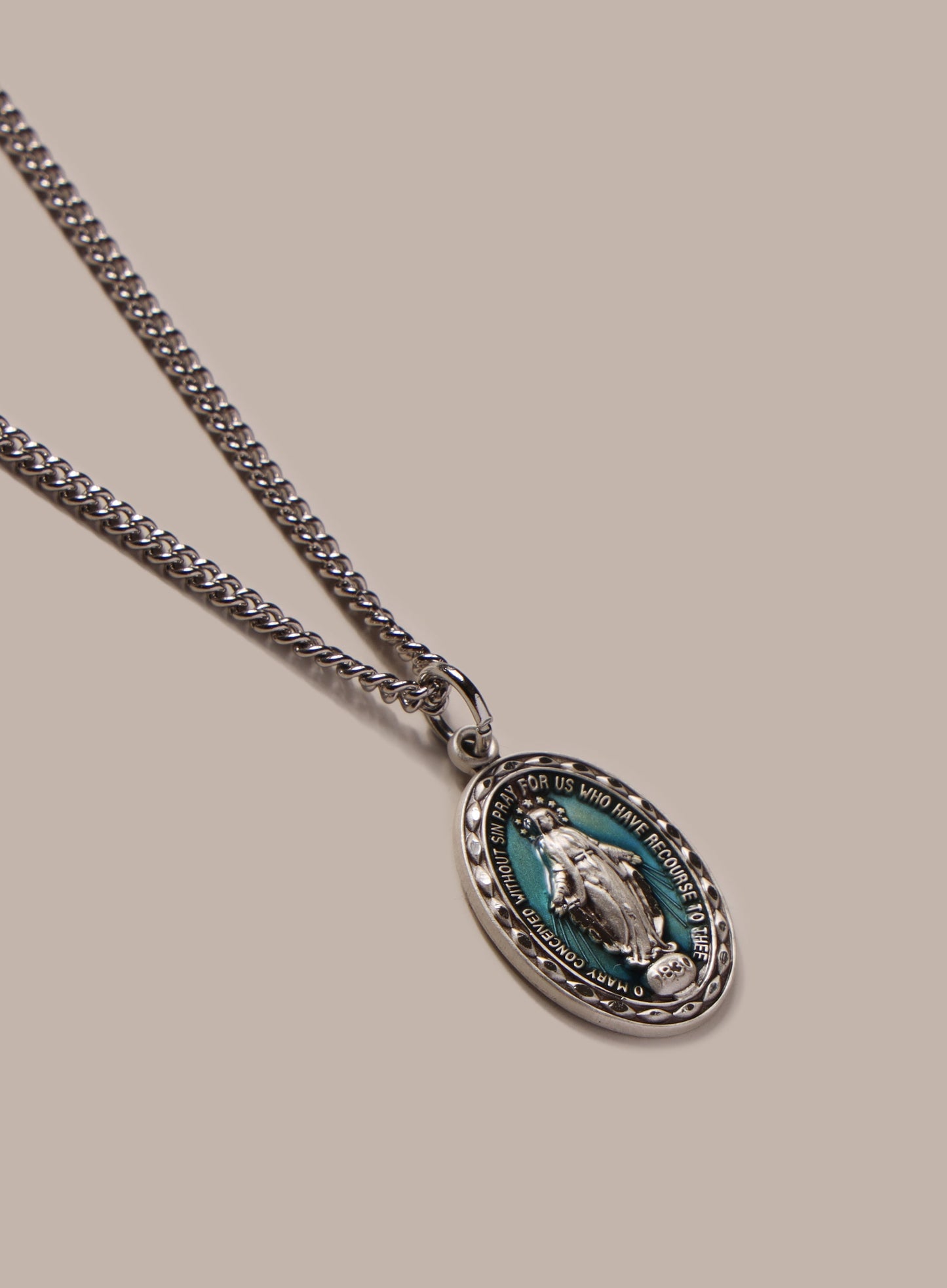 Sterling Silver Enamel Miraculous Medal Oval Pendant for Men