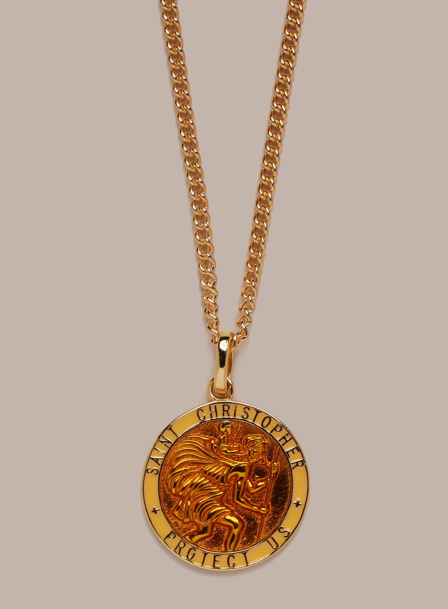 Vermeil Gold Saffron Yellow Enamel Saint Christopher Medal Necklace for Men